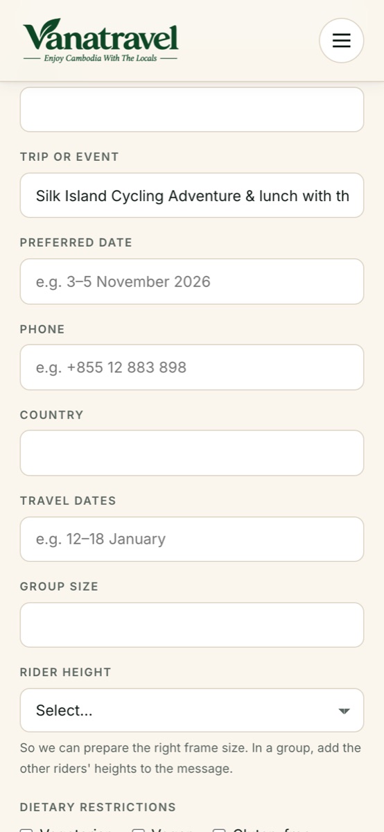 Vana Adventure Travel enquiry form on mobile