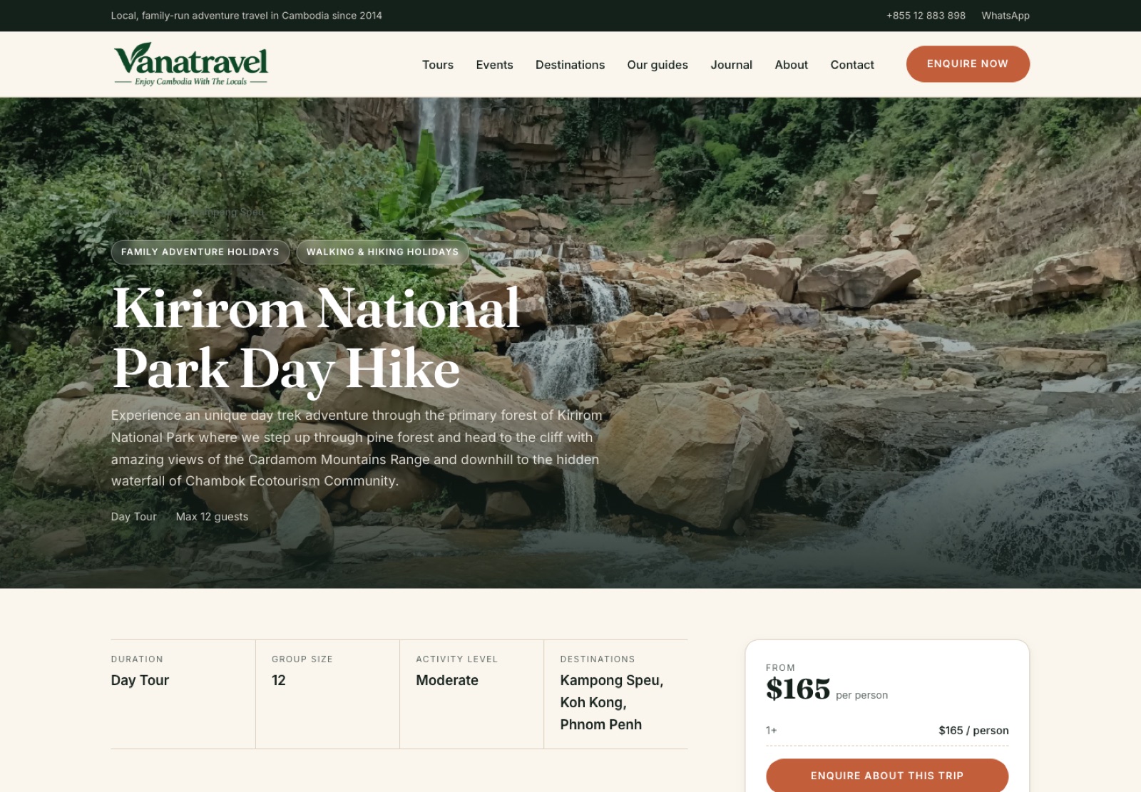 Vana Adventure Travel tour detail page on desktop