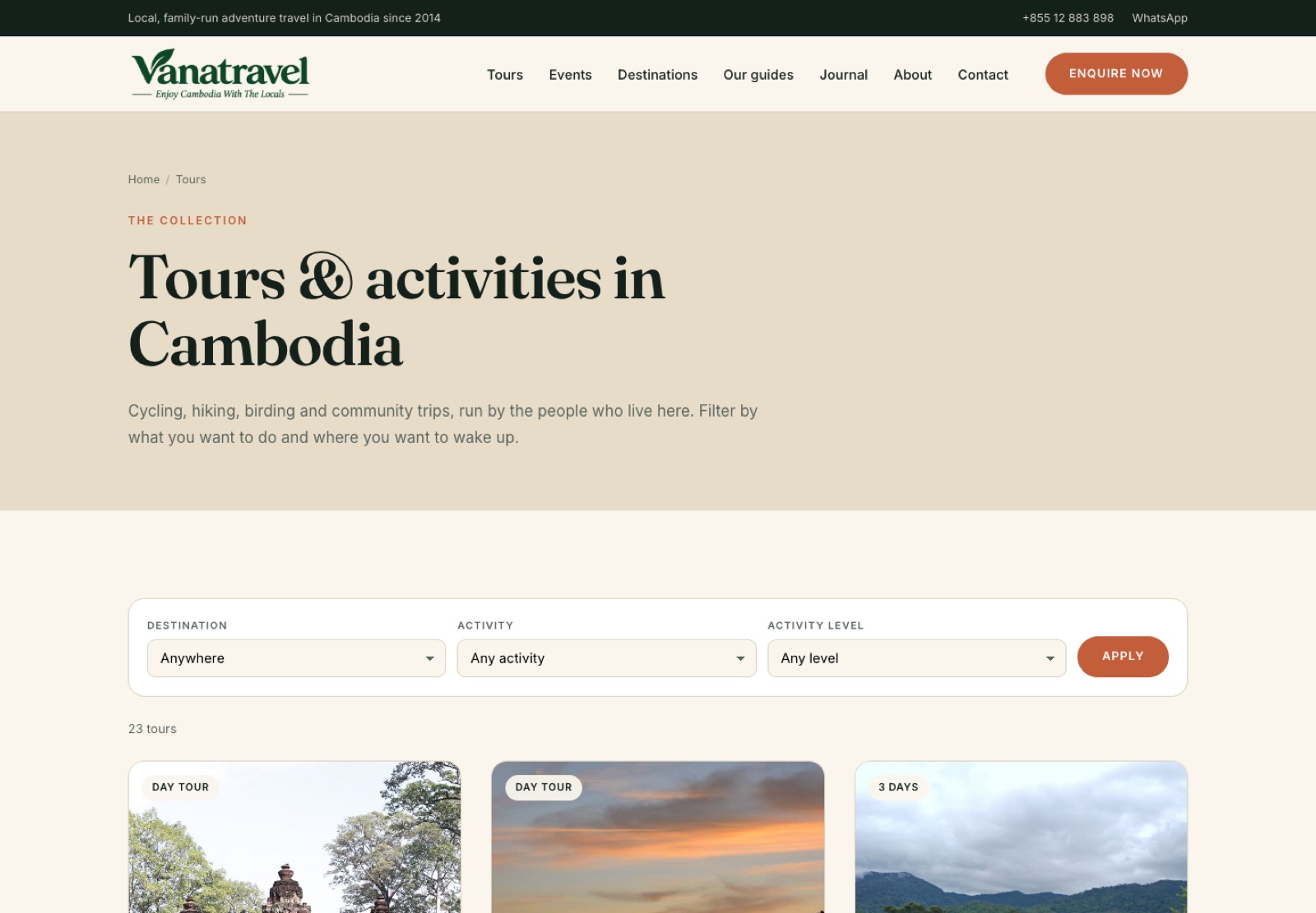Vana Adventure Travel tours archive on desktop